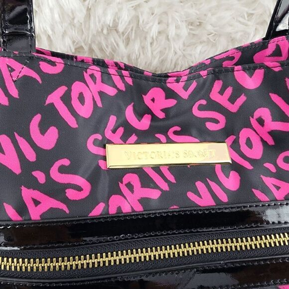NWT Victoria's Secret Black Fuchsia Logo All Over Satin Bag NWT - Picture 4 of 6